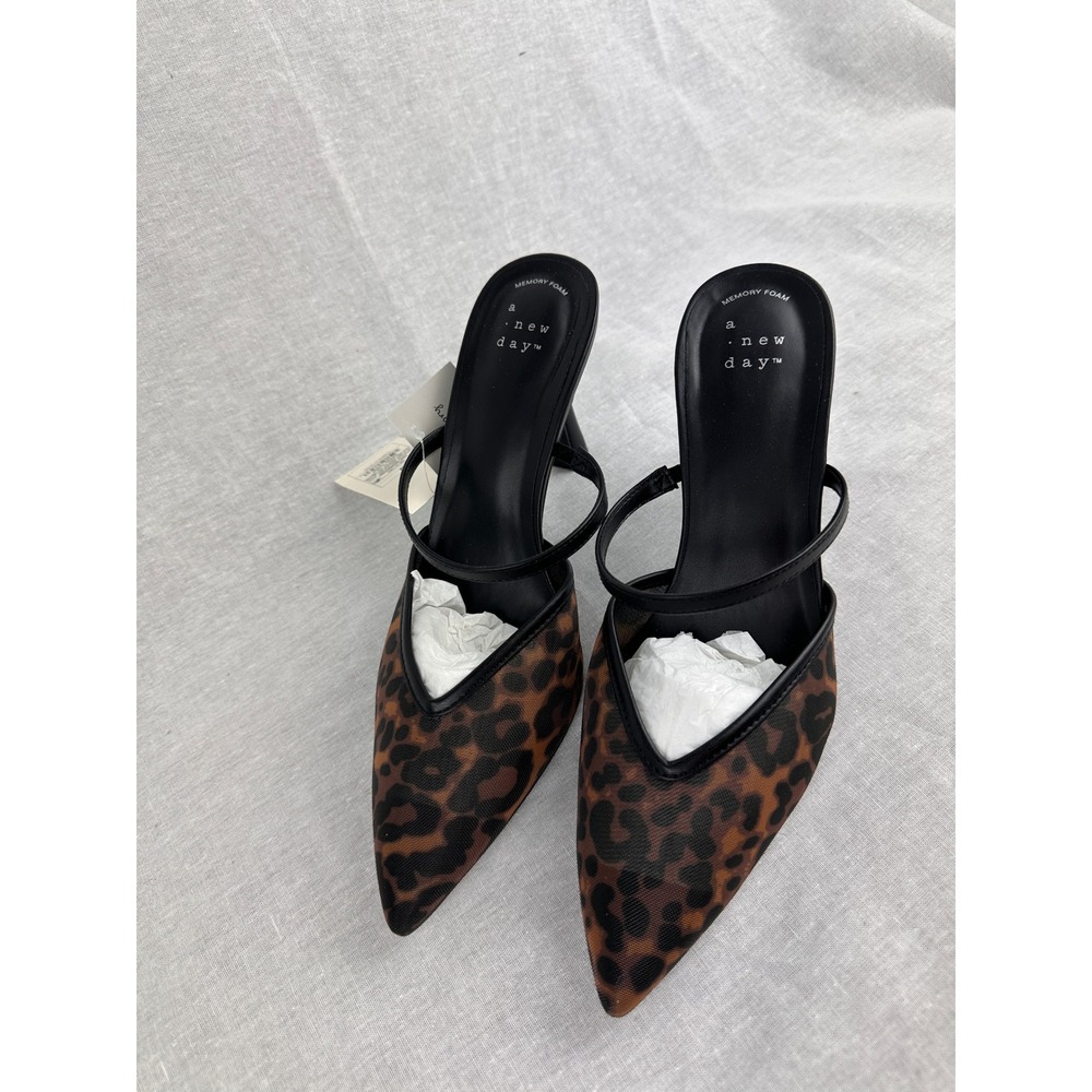 A New Day Womens Leopard Print Mesh Pointed Toe Mules Memory Foam Heels Size‎ 8 - Picture 2 of 6